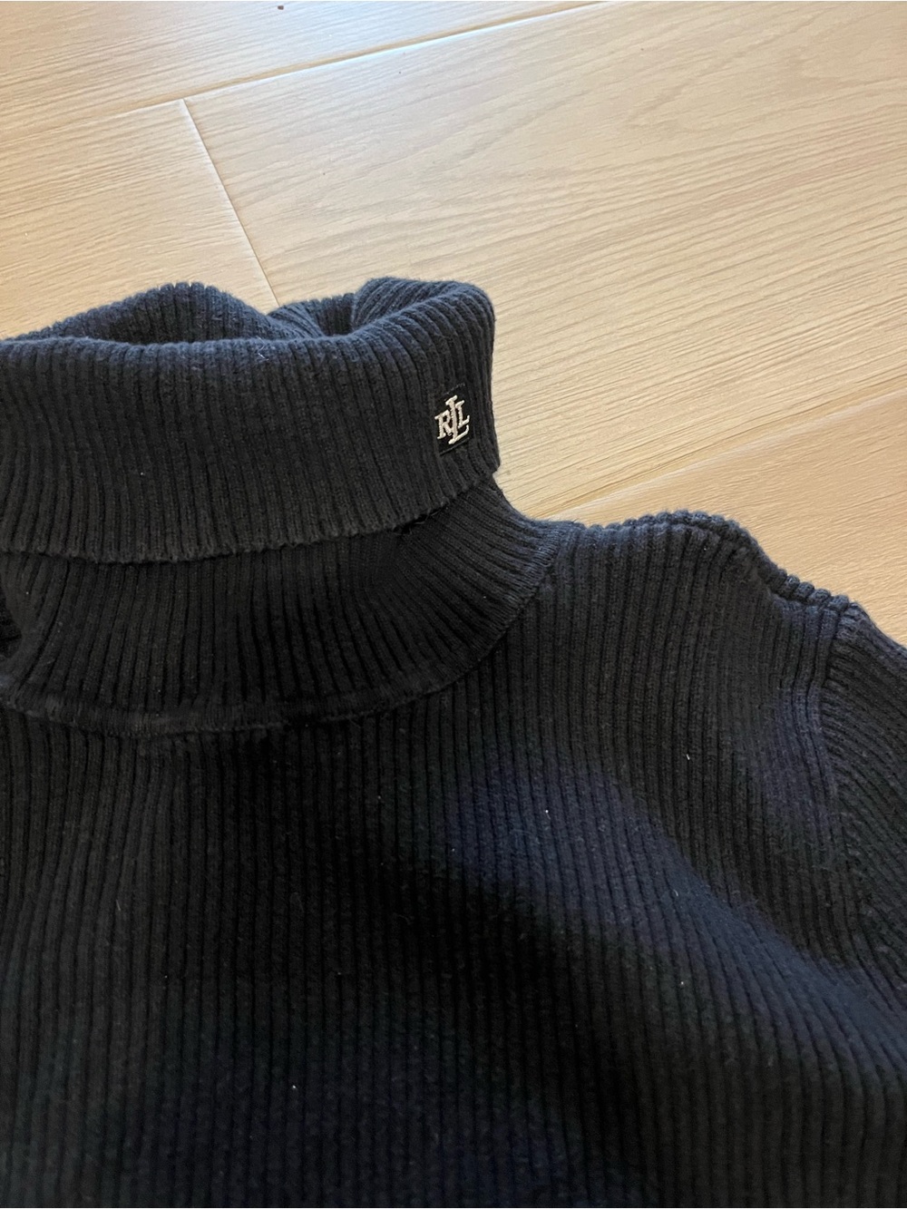 Ralph Lauren Black Rib-Knit Turtleneck with RL Monogram